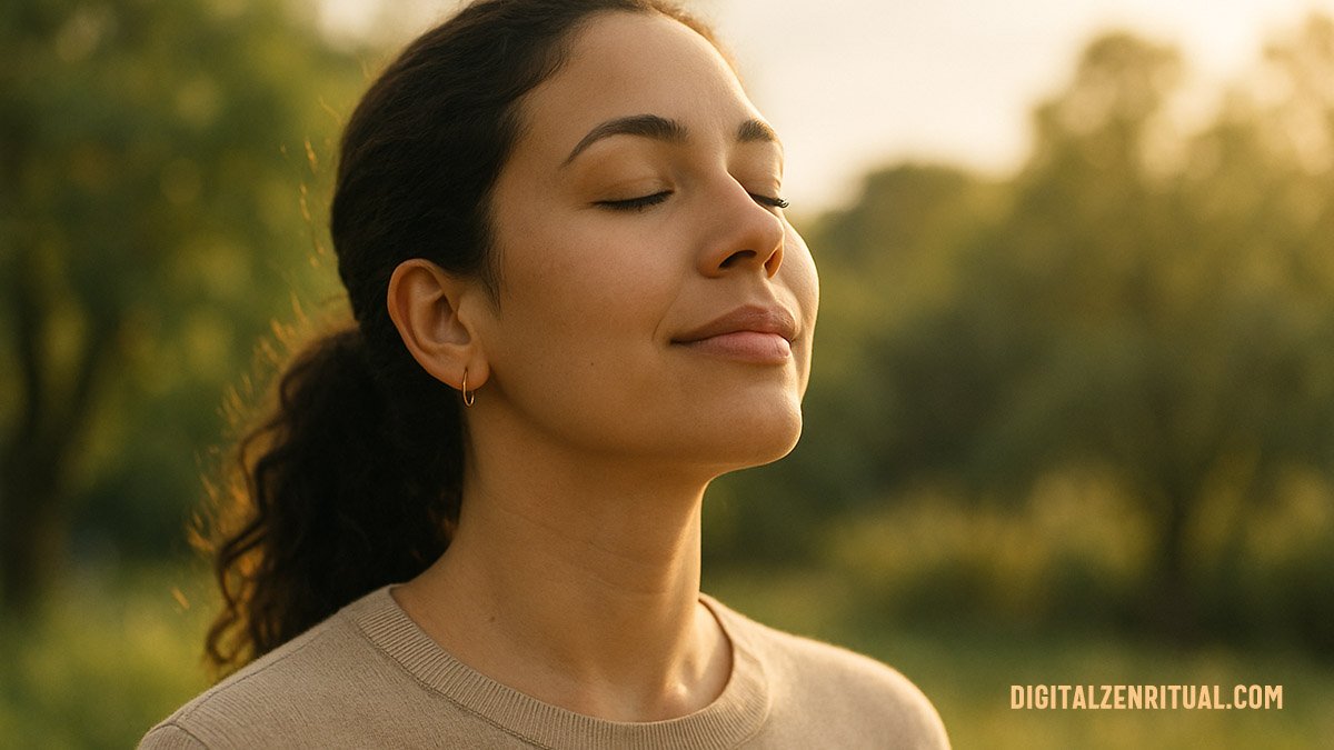 Mujer respirando profundamente con luz natural, símbolo de calma ante la ansiedad