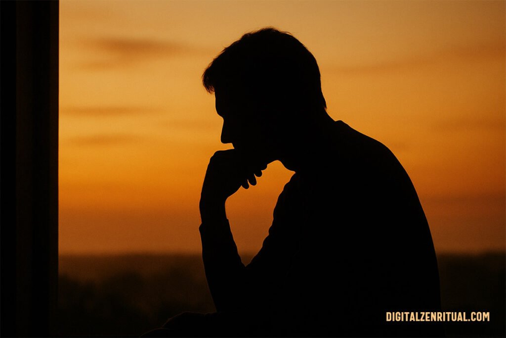 Silueta reflexiva con luz suave, representando los síntomas emocionales de la ansiedad